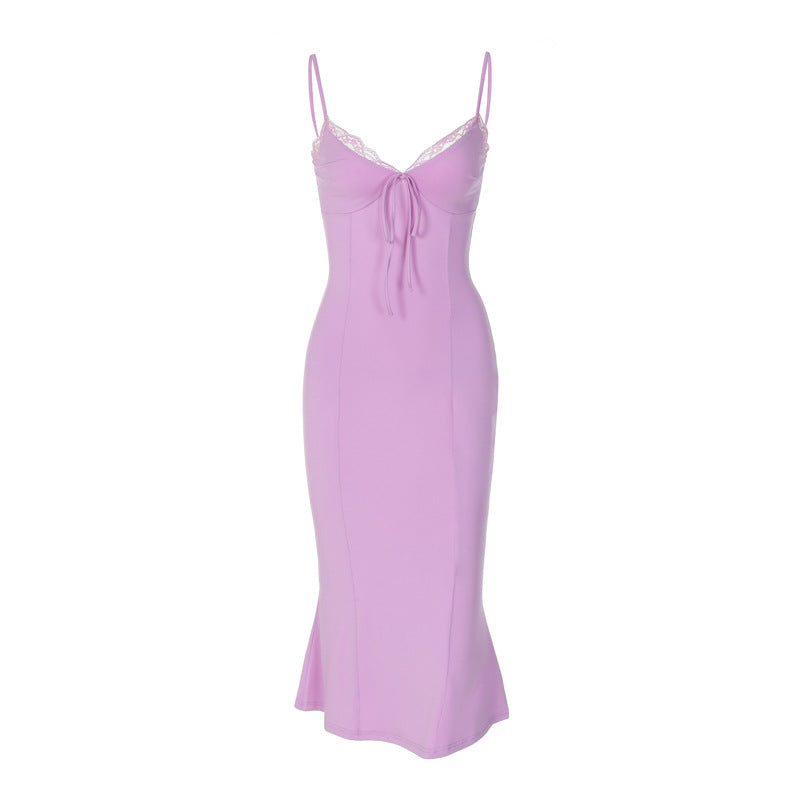 Lace Stitching Slim-Fit Midi Ruffled Slip Dress Wholesale Dresses