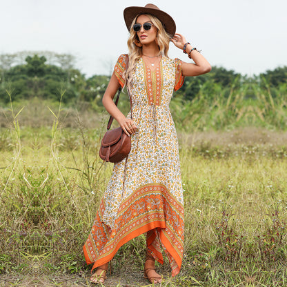 Bohemian V-Neck Printed Irregular Hem Flowing Short-Sleeved Dress Wholesale Dresses