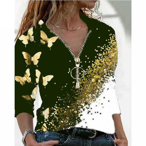 Wholesale Autumn And Winter V-Neck Long-Sleeved T-Shirt Whit Butterfly Print