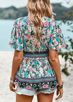 Bohemian Retro Print V-Neck Short-Sleeved All-Match Top Wholesale Women'S Tops