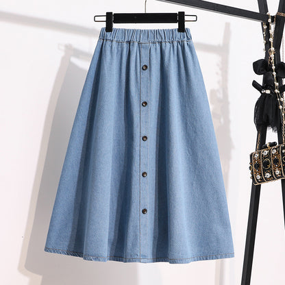 Fashion Elastic Waist A-Line Denim Skirts Single-Breasted Decorate High Waist Midi Wholesale Skirts