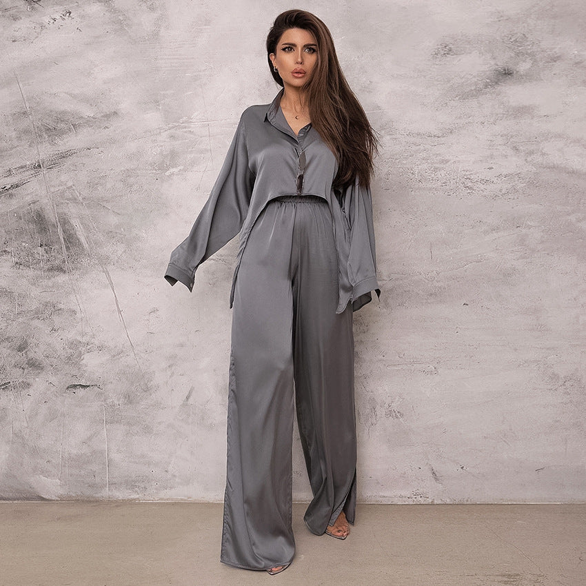 Satin Solid Color Shirt Wide-Leg Pants Loose Simple Suit Wholesale Women'S Clothing