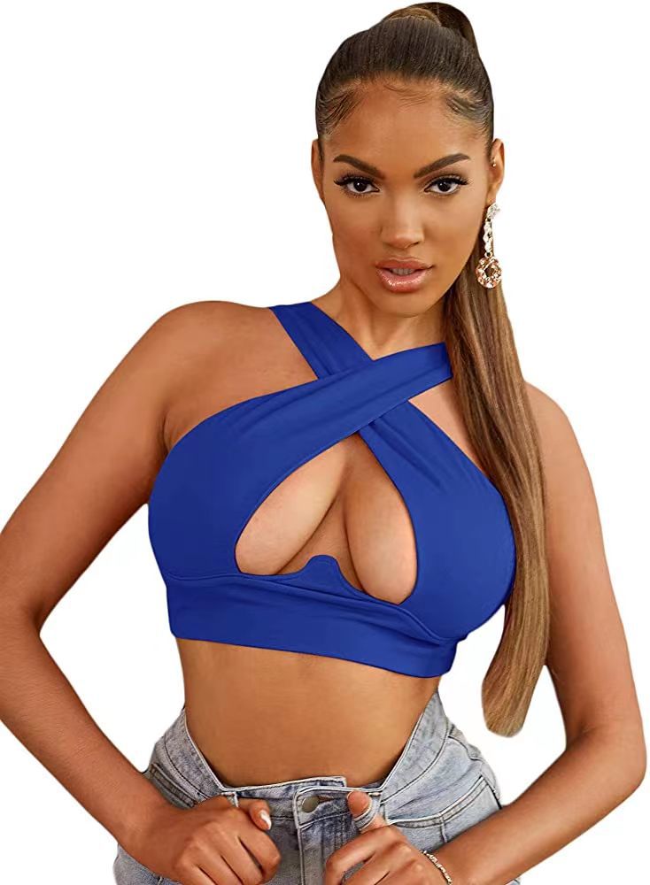 Off-Shoulder Slim Cross Hollow Solid Color Crop Tops Wholesale Women'S Tops