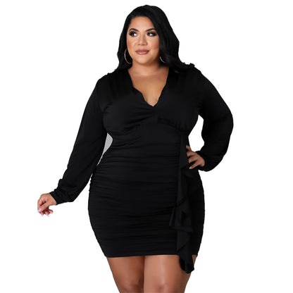 Solid Color Pleated Sexy Curvy Bodycon Satin Dresses Wholesale Plus Size Clothing