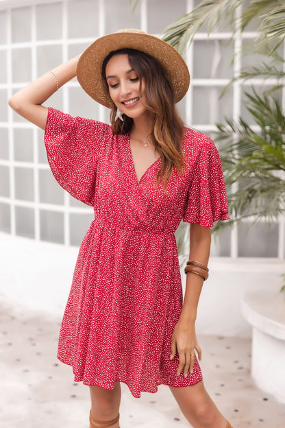 Bell Sleeve Polka Dot V Neck Simple Daily Dress wholesale dresses