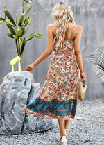 Summer Printed Drawstring Waist Vacation Split Sling Bohemian Dress Wholesale Dresses