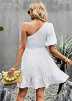 Pure Color Temperament Elegant Commuter Slanted Shoulder Dress Wholesale Dresses