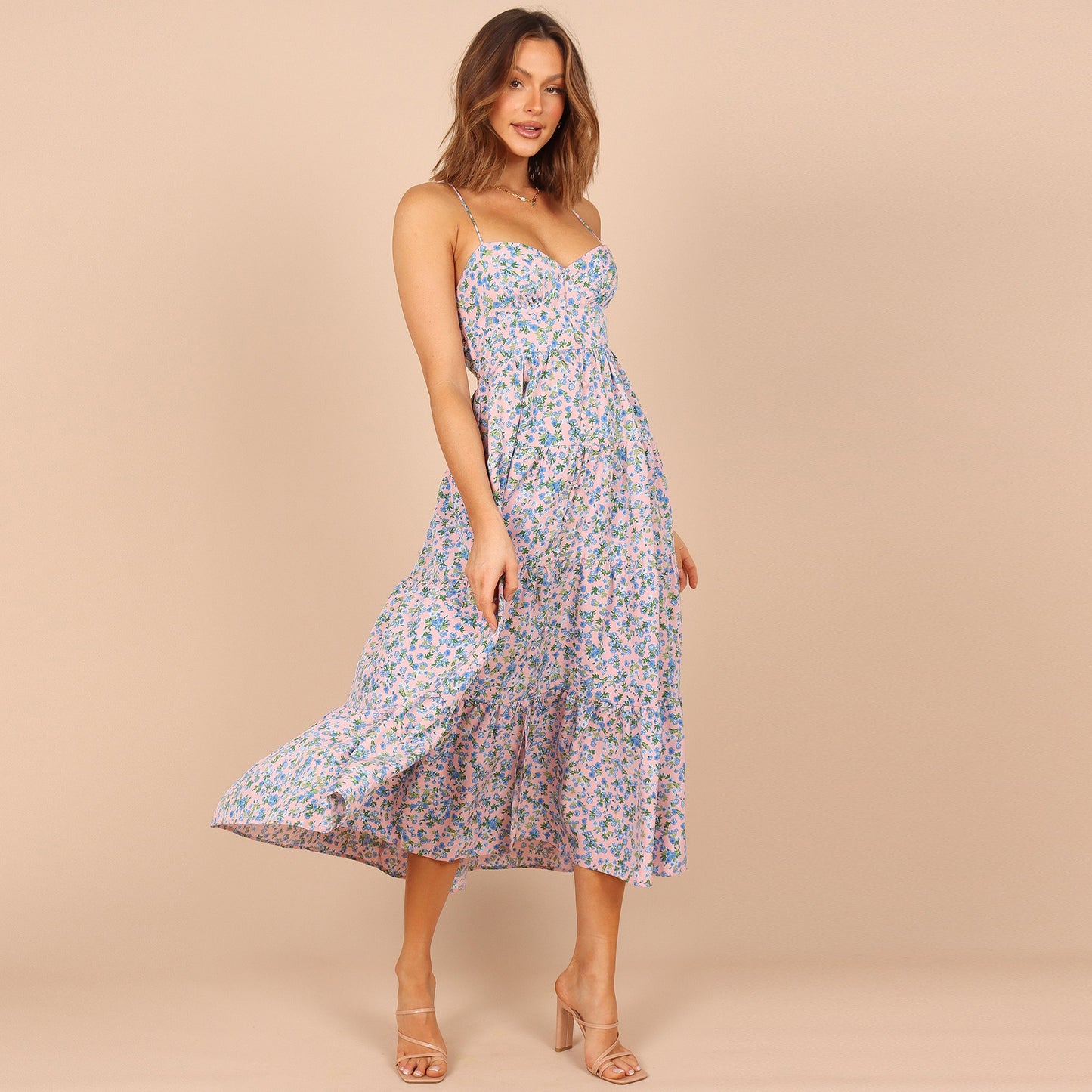 Floral Print Sexy Backless Sling Mid-Length Swing Dress Wholesale Dresses