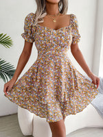 Chiffon Floral Square Collar Ruffles Swing Dress A-Line Lace-Up Wholesale Dresses