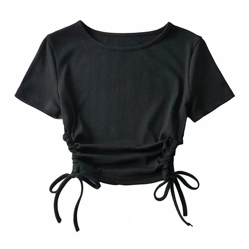 Short-Sleeve Drawstring Hollow Women T-Shirt Wholesale Crop Tops