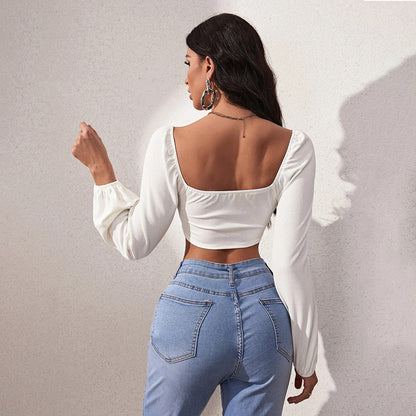 Sexy Square Collar Puff Long Sleeve Solid Color Slim Wholesale Crop Tops