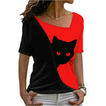 Casual Cat Print Diagonal Neck Tops Short Sleeve Womens T Shirts Wholesale