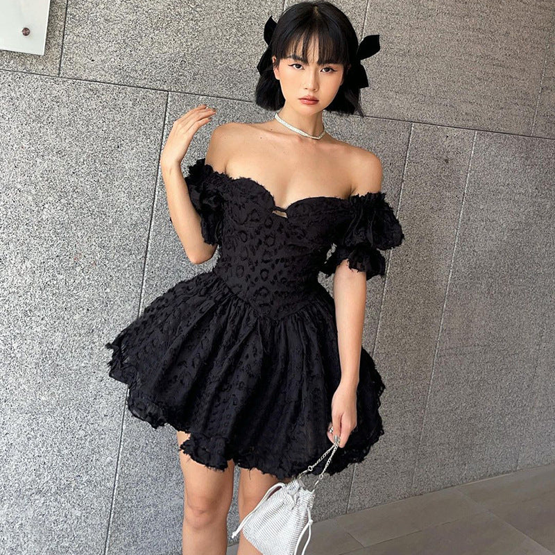 Dark One-Shoulder Puff-Sleeve Low-Cut Solid-Color Tutu Dress Wholesale Dresses