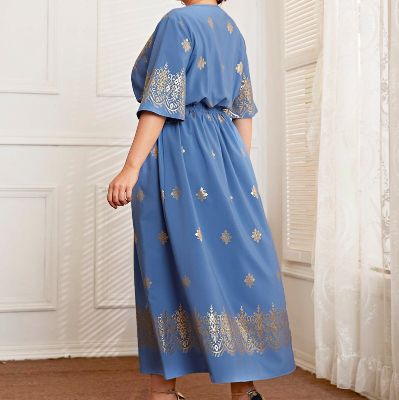 Fashion Printed V-Neck Midi Dress Short Sleeve High Waist Dresses Wholesale Plus Size Clothing