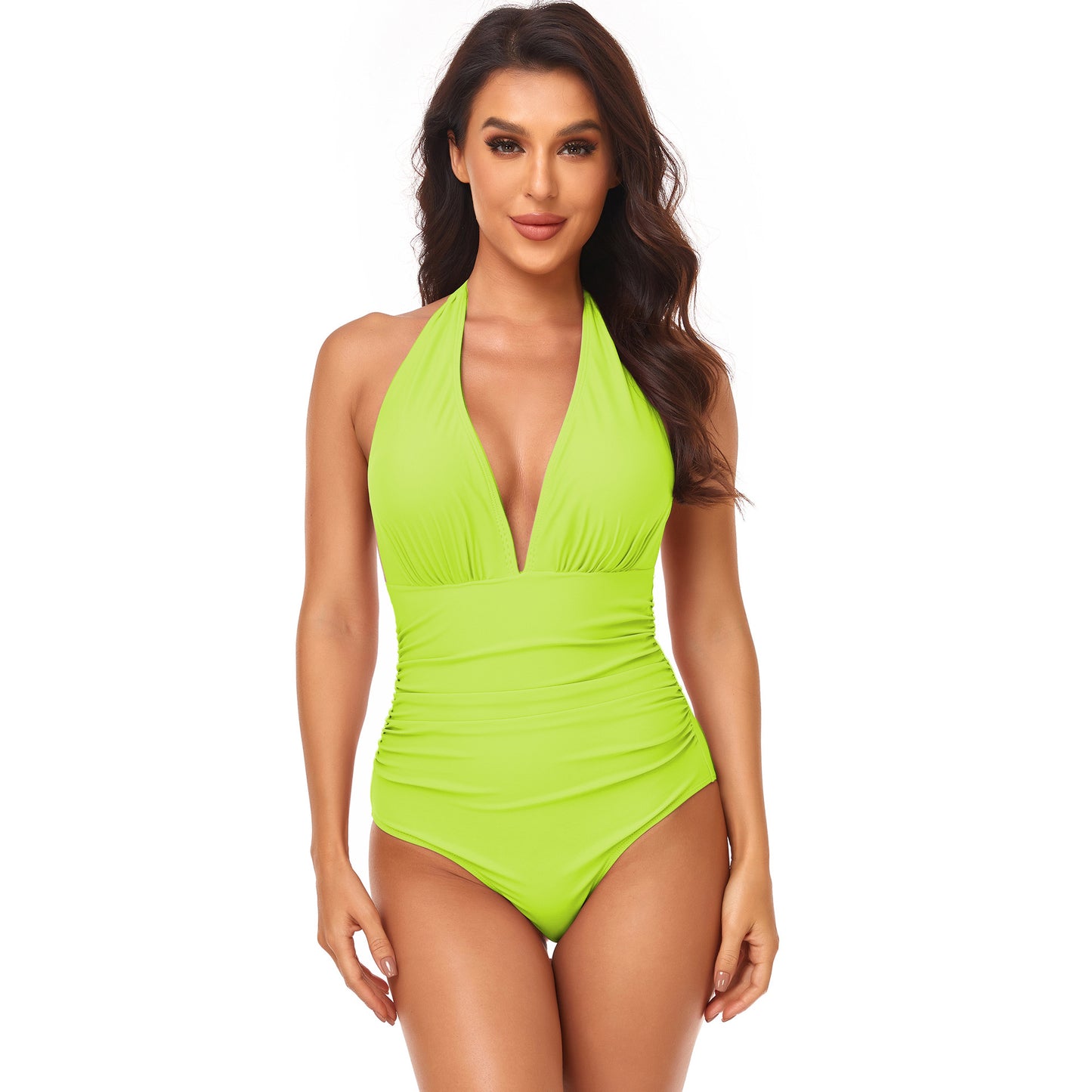 Triangle Solid Gathered Halter Neck One-Piece Swimsuit Wholesale Women'S Clothing