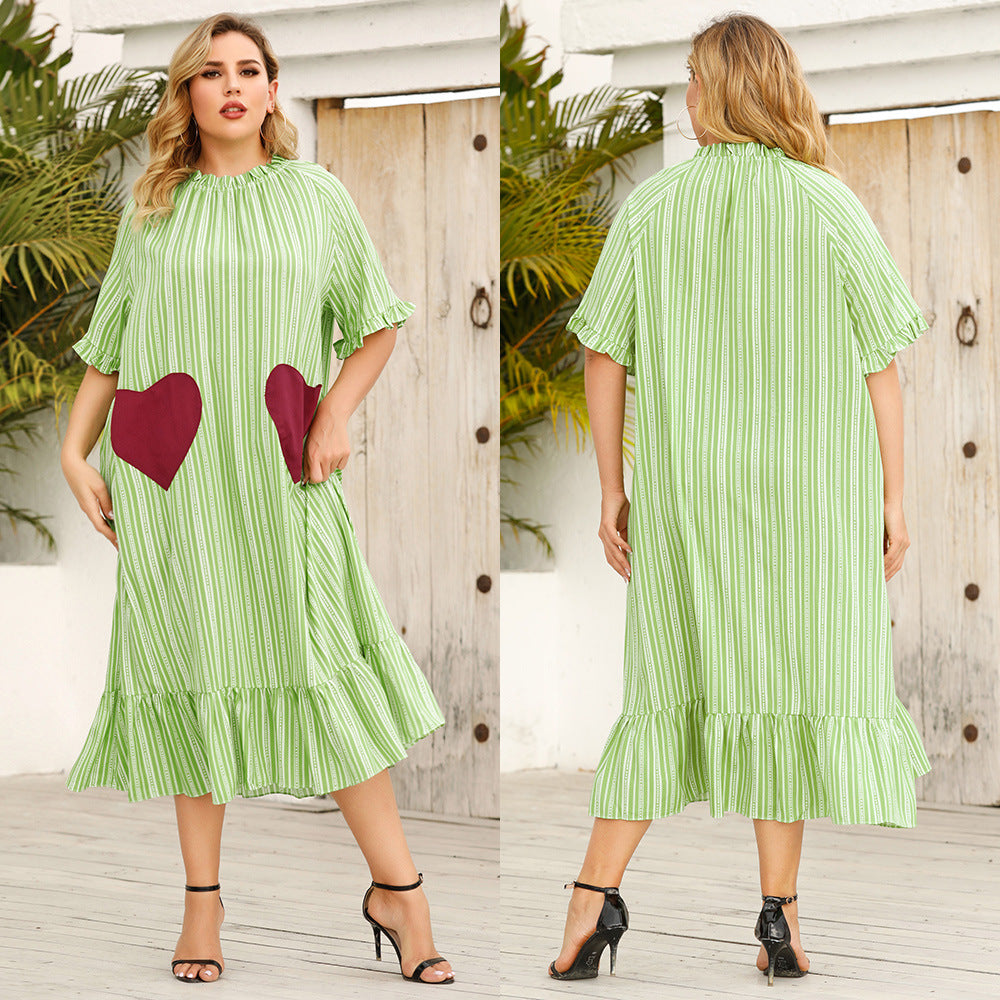 Fashion Striped Heart Print Midi Dress Ruffled Short Sleeve Dresses Wholesale Plus Size Clothing