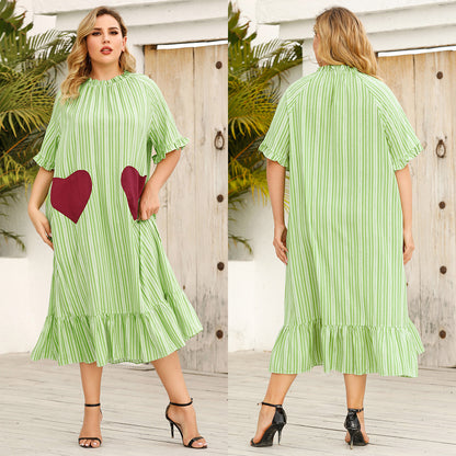 Fashion Striped Heart Print Midi Dress Ruffled Short Sleeve Dresses Wholesale Plus Size Clothing