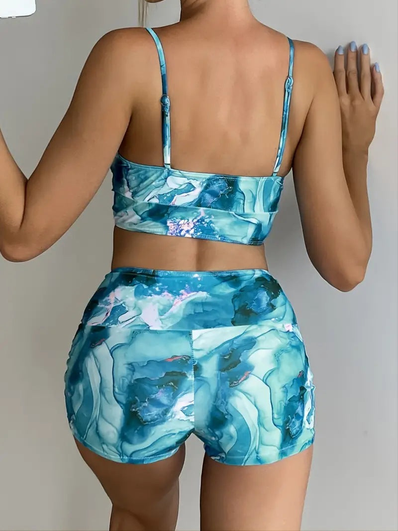 Sexy Printed Top & Boyshorts Drawstring Bikini Split Swimsuit Wholesale Womens Swimwear