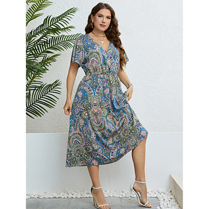 Wholesale Women'S Plus Size Clothing Printed V Neck Low Cut Fashion Slim Dress