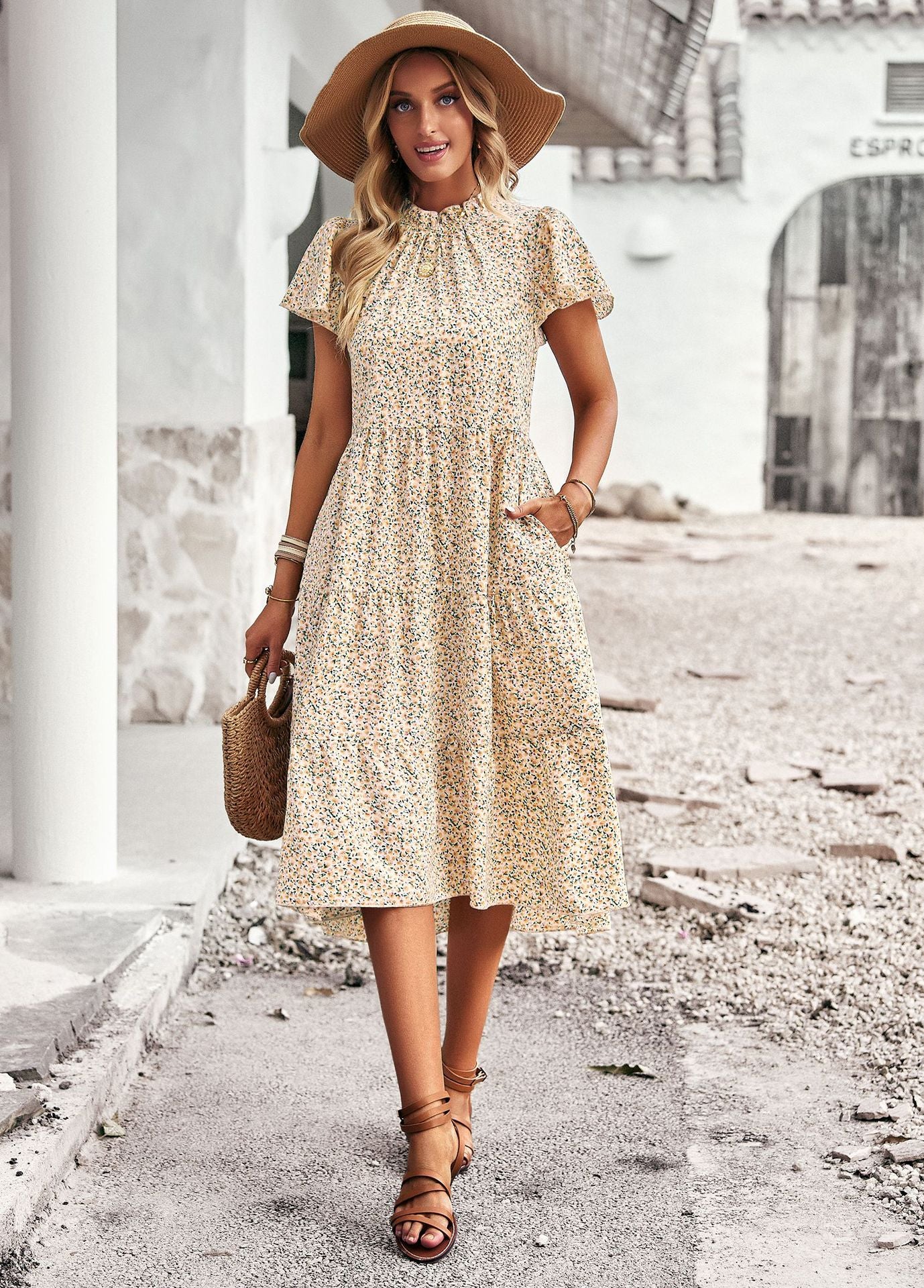 Flare Short Sleeve Casual Vacation Floral Midi Smocked Dress Wholesale Dresses