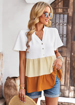 Casual Short-Sleeved Color-Clashing V-Neck Half-Button Shirt Wholesale Womens Tops