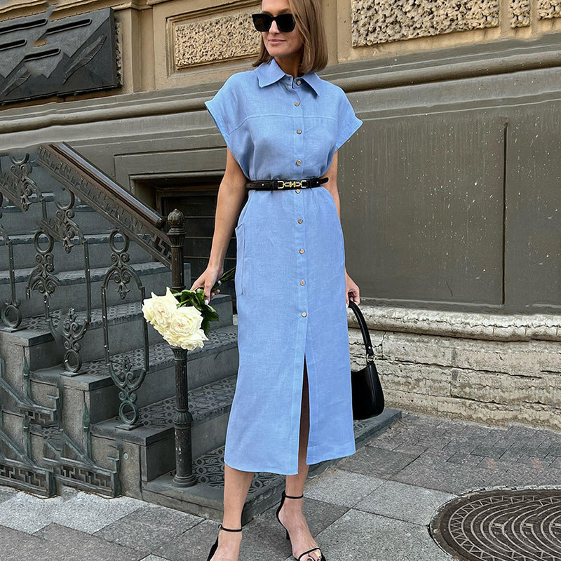 Elegant Solid Color Short Sleeve Single-Breasted Lapel Long Shirt Dress With Waistband Wholesale Dresses