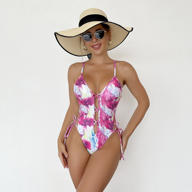 Stylish Print Contrasting Color Cutout Cross Tie One Piece Swimsuit Wholesale Women'S Clothing