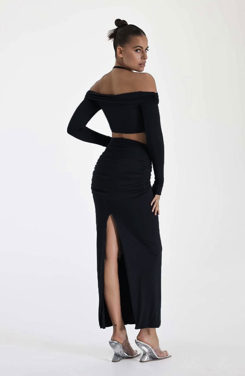 Sexy Halter Off Shoulder Twist Long Sleeves Tops & Back Slit Maxi Skirt Wholesale Womens 2 Piece Sets