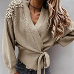 Autumn New Cardigan Sweater Long Sleeve V-neck Tie Bow Knot Pearl Waist Closed Knit Drop Shoulder Beaded Wrapover