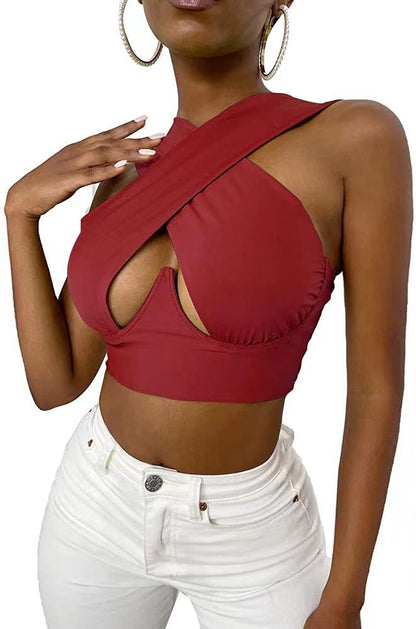 Off-Shoulder Slim Cross Hollow Solid Color Crop Tops Wholesale Women'S Tops