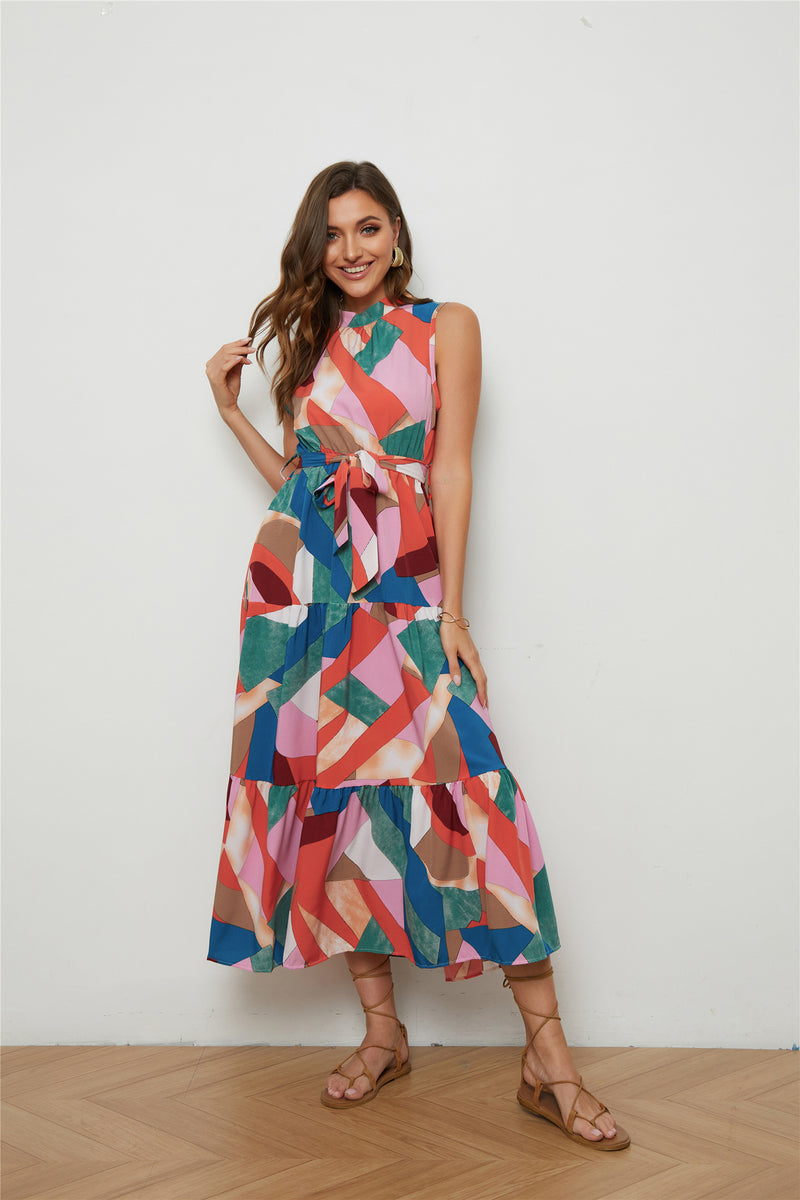 Geometric Print Fashion Tie-Up Sleeveless Fashion Long Smocked Swing Dress Wholesale Dresses