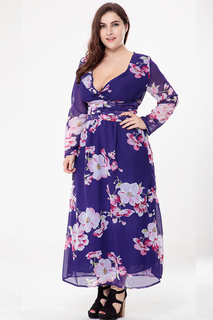 Chiffon Floral Sexy Deep V Midi Dress Long Sleeve High Waist Wholesale Plus Size Clothing