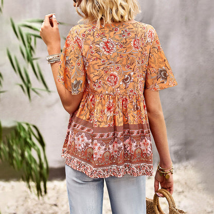 Bohemian Casual Short Sleeve Tie Tassel Blouses Wholesale Women'S Tops