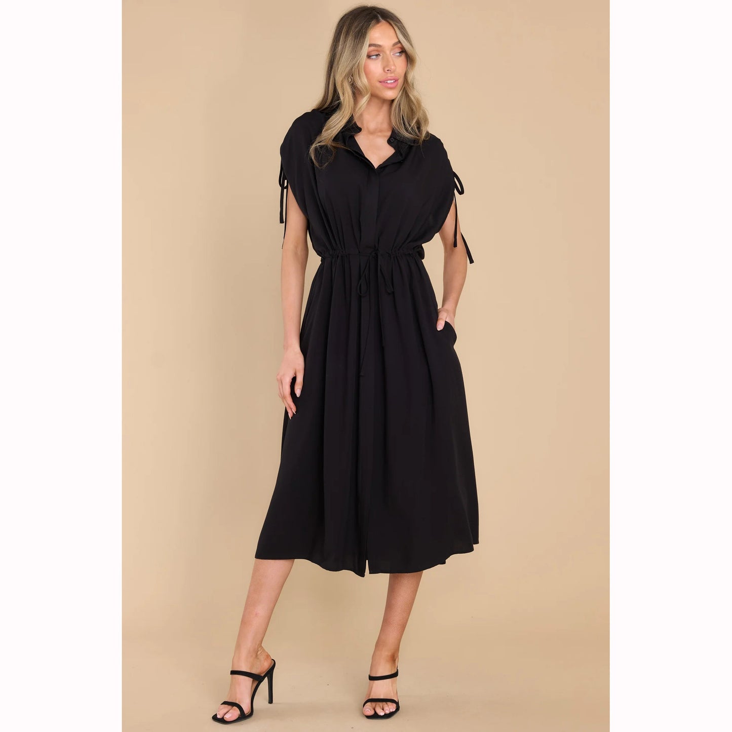 Summer Drawstring Waist Lapel Single-Breasted Casual Midi Dress Wholesale Dresses