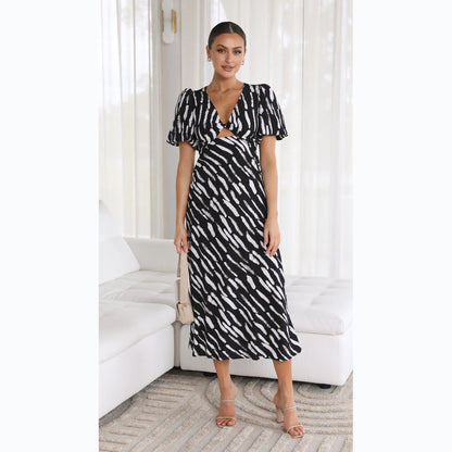 Printed Puff Short Sleeve Hollow V-Neck A-Line Midi Dress Wholesale Dresses