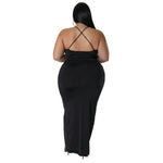 Deep-V Neck Strap Sleeveless Sling Ruched Sexy Curvy Maxi Dresses Wholesale Plus Size Clothing