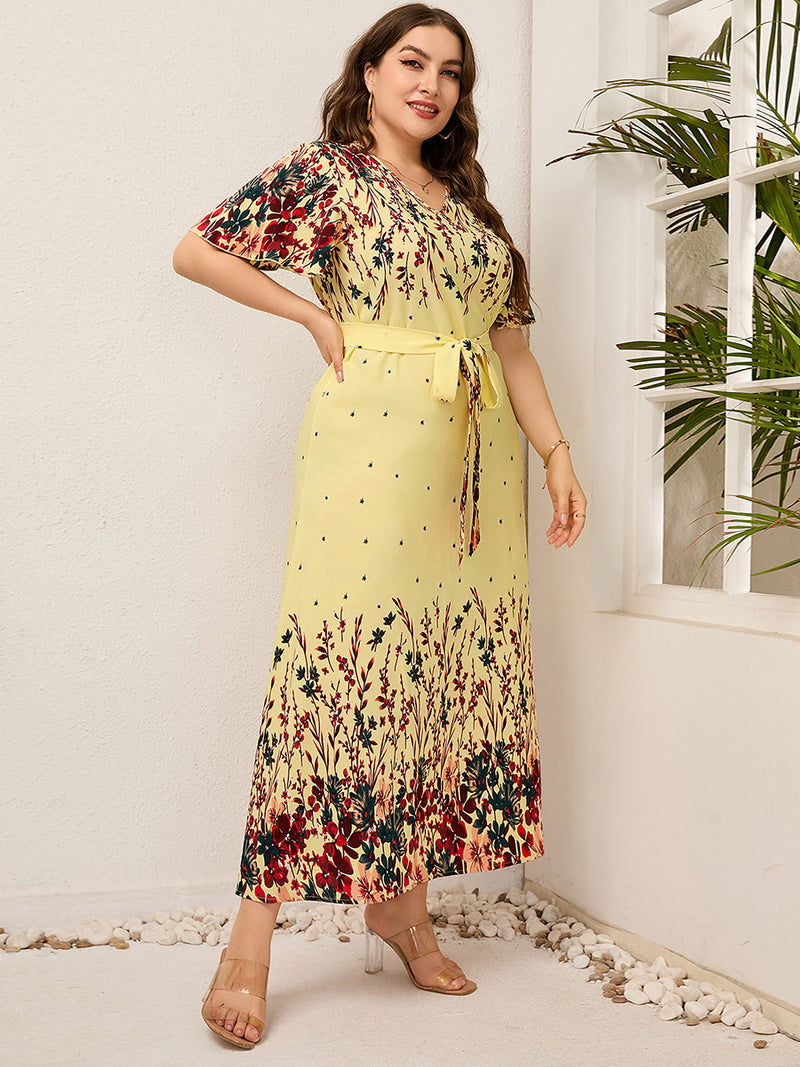 Wholesale Women'S Plus Size Clothing Contrast Print V-Neck Large Swing Temperament Dress