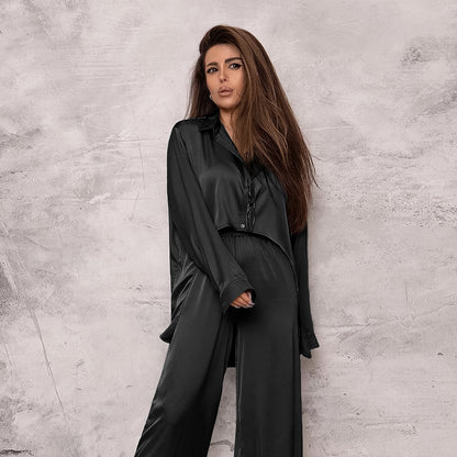 Satin Solid Color Shirt Wide-Leg Pants Loose Simple Suit Wholesale Women'S Clothing