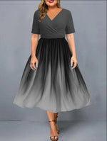 Gradient Color Contrast Short-Sleeved V-Neck Swing Dress Wholesale Dresses