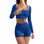 Threaded Long Sleeve Tops & Slim Fit Shorts Yoga Suit Wholesale Activewear Sets