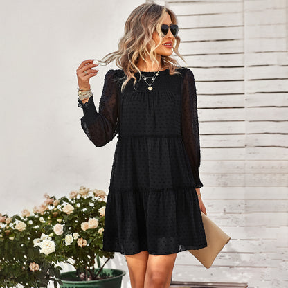 Jacquard Sheer Panel Long Sleeve Pleated Round Neck Dress Wholesale Dresses