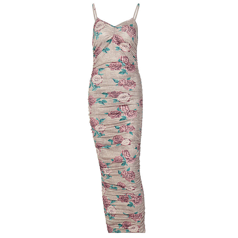 Rose Print Open Back Pleated Sexy Slip Dress Wholesale Bodycon Dresses