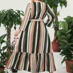 Casual V Neck Printed Midi Dress Long Sleeve Lace-Up Wholesale Plus Size Clothing