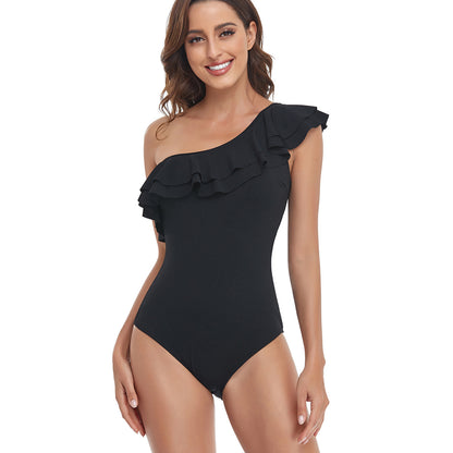 Solid Color One-Shoulder Ruffled One-Piece Swimsuit Wholesale Women'S Clothing