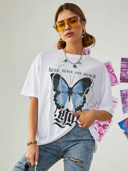 Fashion Butterfly Print Tops Loose Short Sleeve Crew Neck Womens T Shirts Wholesale