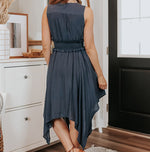 V-Neck Asymmetric Ruffle Sleeveless Midi Dress Wholesale Dresses