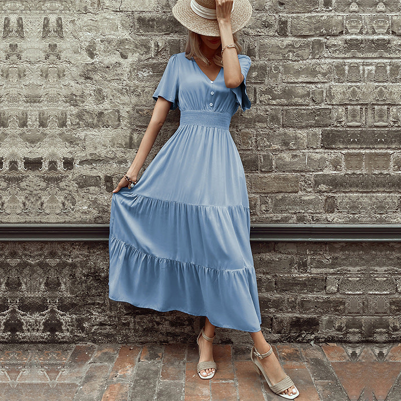 Commuting Short-Sleeved Simple Slim V-Neck Mid-Length Dress Wholesale Dresses