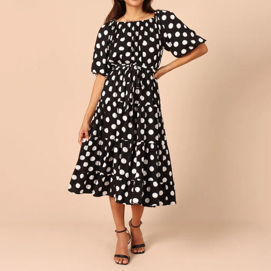 Ruffled Tie-Up Waist Pleated Short Sleeves Midi Smocked Dress Wholesale Dresses