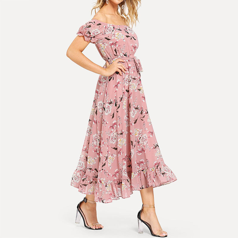 Casual One-Shoulder Floral Print Bubble Sleeve Chiffon Dress With Large Hem Wholesale Dresses