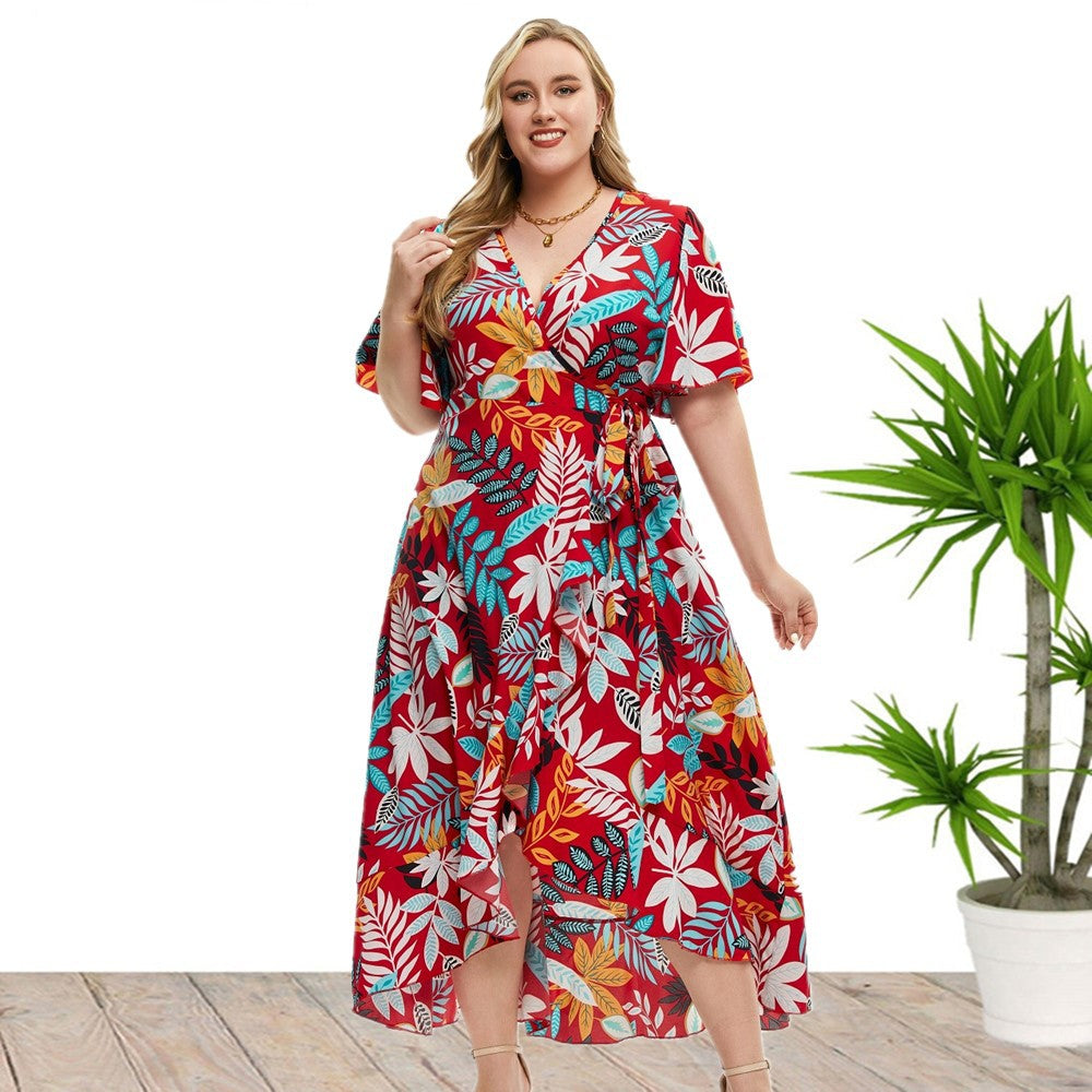 Wholesale Women'S Plus Size Clothing Irregular Short Sleeve Printed Wrap Bohemian Dress